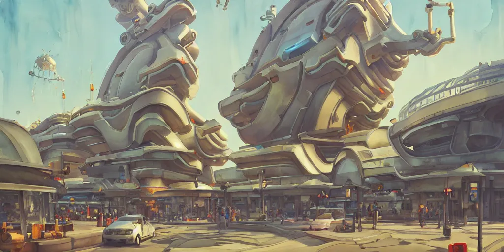 Image similar to overwatch building, stylized, exterior, architecture, in watercolor gouache detailed paintings, insanely detail, artstation, 8 k, futuristic, big medium small, arcane, simon stalenhag, food stall, interesting shapes & form, golden ratio, megastructures, vitaly bulgarov, mall, jungle, environment, nature, zaha hadid