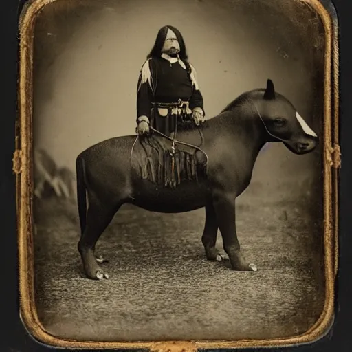 Image similar to Daguerreotype of a Cherokee Chief riding a large Malayan tapir