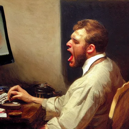 Image similar to an angry man yells at his computer monitor, oil on canvas, 1 8 8 3, highly detailed