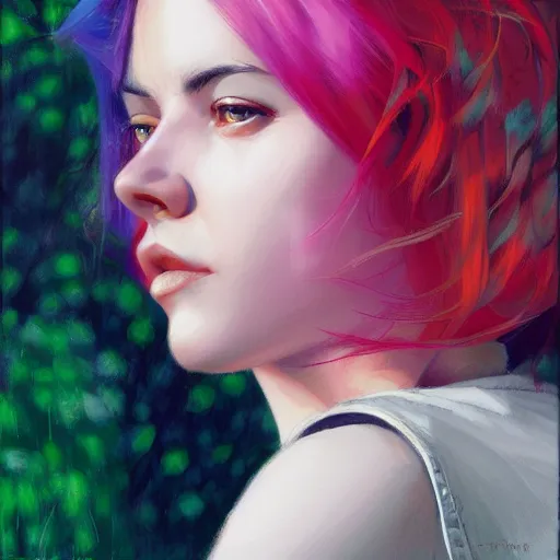 Image similar to tetrachromia half - machine woman with cute - fine - face, pretty face, multicolored hair, realistic shaded perfect face, extremely fine details, by realistic shaded lighting poster by ilya kuvshinov katsuhiro otomo, magali villeneuve, artgerm, jeremy lipkin and michael garmash and rob rey