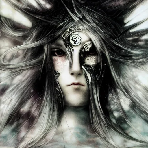 Image similar to yoshitaka amano blurred and dreamy illustration of an anime girl with pirate eye patch, wavy white hair and cracks on her face wearing elden ring armour with the cape fluttering in the wind, abstract black and white patterns on the background, noisy film grain effect, highly detailed, renaissance oil painting, weird portrait angle