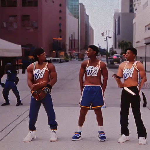Image similar to Film still of Los Angeles Thunder Squad (1990). Hip-hop ninja confrontation scene. Sigma 85mm f/1.4