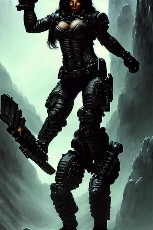 Image similar to gina carano as an ork with prothesis metallic left arm, casual black clothing, muscular, realistic proportions, casual pose, large portrait, sci - fi, shadowrun, rpg character, gun, digital painting, artstation, concept art, smooth, 8 k frostbite 3 engine, ultra detailed, art by artgerm and greg rutkowski and magali villeneuve