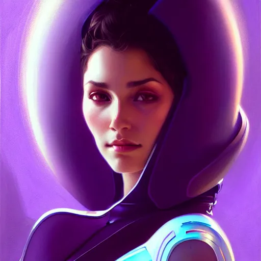 Image similar to Portrait of very very very very very very beautiful Latina woman, spacesuit, purple eyes, intricate, elegant, highly detailed, digital painting, artstation, concept art, smooth, sharp focus, illustration, art by artgerm and greg rutkowski and alphonse mucha