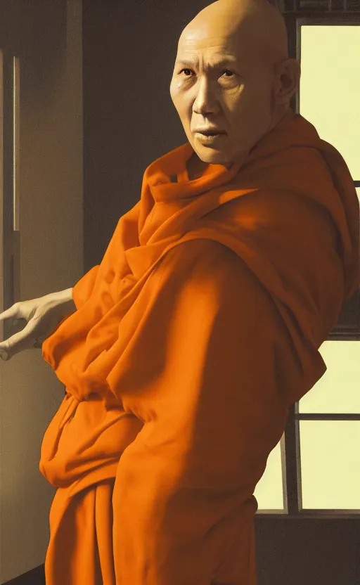 Prompt: portrait of a blind monk in a spaceship, looking out the window at a planet, orange robe, dramatic lighting, artstation, matte painting, johannes vermeer