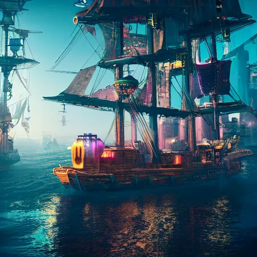 Image similar to high quality photo of a pirate ship in a cyberpunk cyberpunk cyberpunk city, realism, 8k, award winning photo