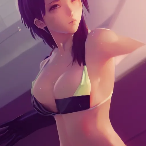 Prompt: cgsociety, by wlop, ilya kuvshinov, krenz cushart, greg rutkowski, trending on artstation. anime girl wearing latex bikini. cinematic dramatic atmosphere, sharp focus, volumetric lighting.