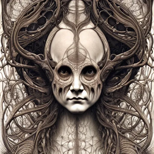 Image similar to detailed realistic beautiful porcelain calaveras goddess face portrait by jean delville, gustave dore, iris van herpen and marco mazzoni, art forms of nature by ernst haeckel, art nouveau, symbolist, visionary, gothic, neo - gothic, pre - raphaelite, fractal lace, intricate alien botanical biodiversity, surreality, hyperdetailed ultrasharp octane render