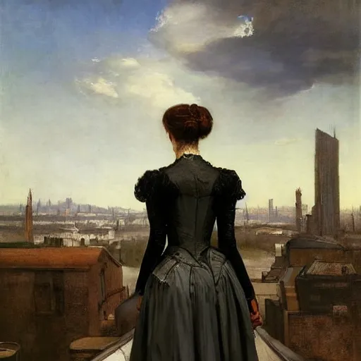 Prompt: portrait of a victorian lady in a futuristic city, from behind, streets, beautiful, sci-fi, open sky, tall buildings, highly detailed, digital painting by Gustave Courbet