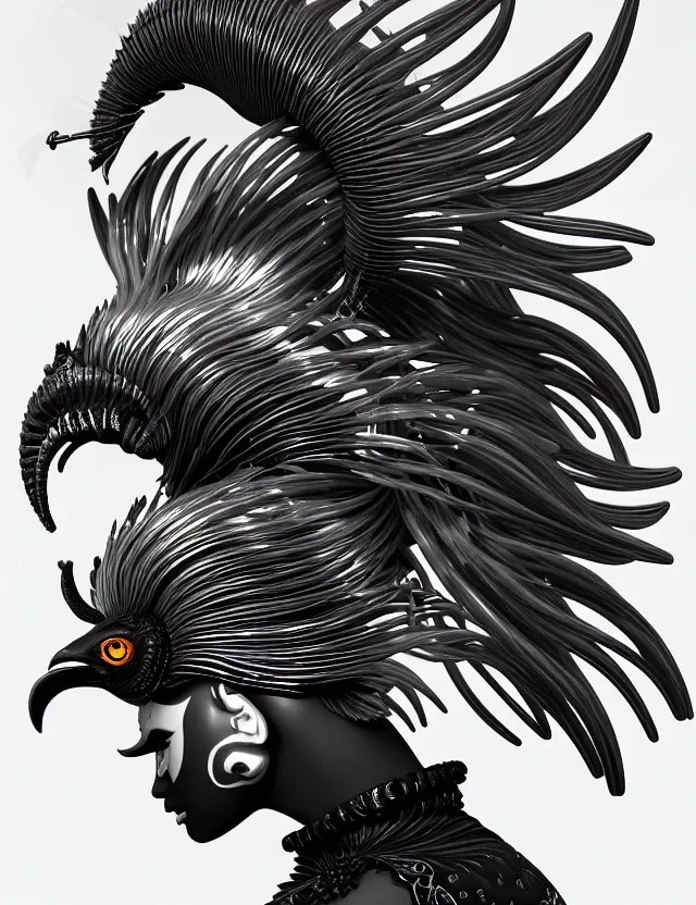 Image similar to 3 d goddess close - up profile portrait punk with mohawk with ram skull. beautiful intricately detailed japanese crow kitsune mask and clasical japanese kimono. betta fish, jellyfish phoenix, bio luminescent, plasma, ice, water, wind, creature, artwork by tooth wu and wlop and beeple and greg rutkowski