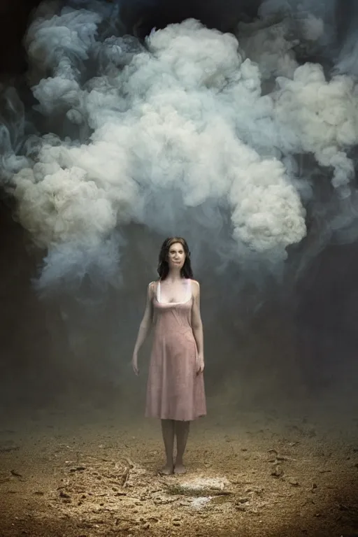 Image similar to 4k Detailed portrait by Gregory Crewdson of A woman shrouded in a cloud of smoke