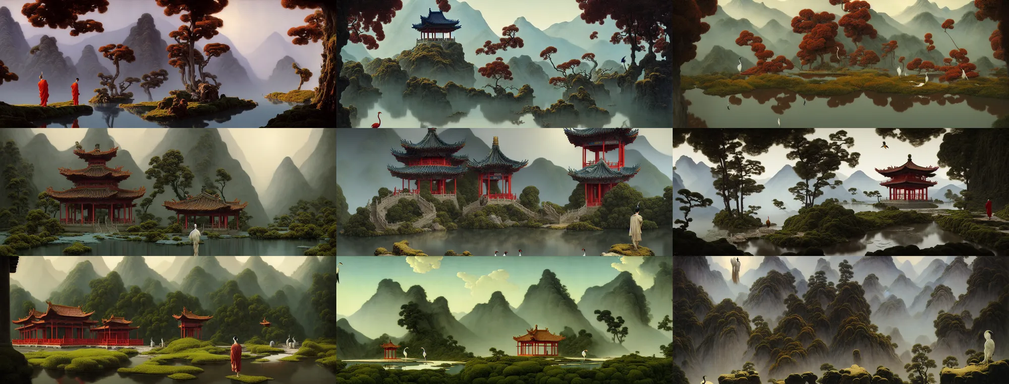 Prompt: a gorgeous landscape painting by barlowe wayne, maxfield parrish and marco mazzoni. an abandoned chinese temple. red - crowned cranes are flying through the clouds and mist among the mountains. birds. a lonely chinese grey blue monk walks on the winding stone steps, 3 d, octane render, turbulent blood lake, 8 k.