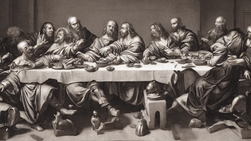 Prompt: baroque painting of the last supper of robots