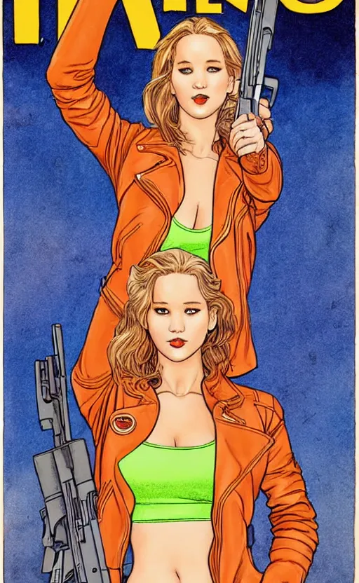 Image similar to Milo Manara comic cover art, Jennifer Lawrence with guns, smile, direct gaze, brown leather jacket, jeans, full body, building on fire, neon colors, detailed, 4k