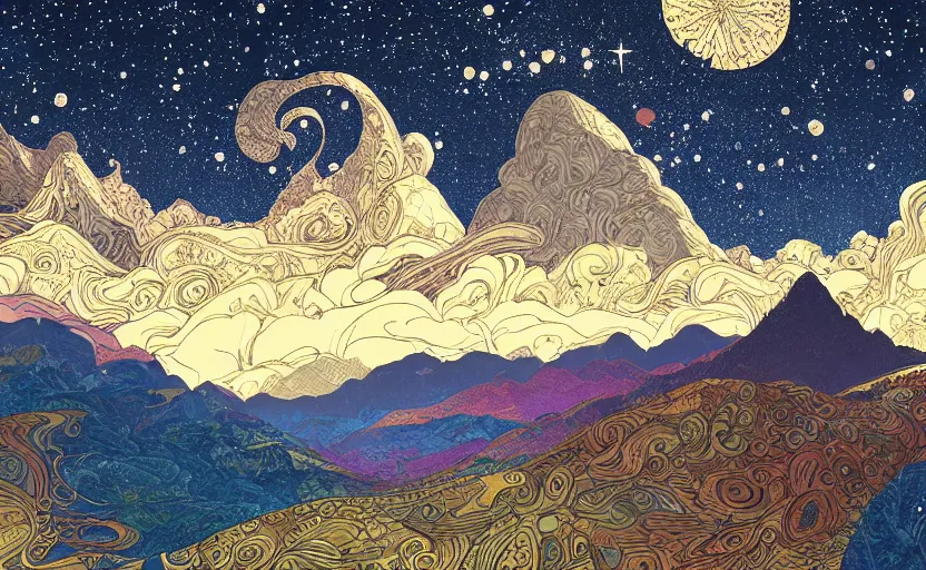 Prompt: mountains, stars and paisley filled sky, artstation, intricate, highly detailed, digital painting, concept art, sharp focus, illustration by Yoshitaka Amano and Ivan Bilibin