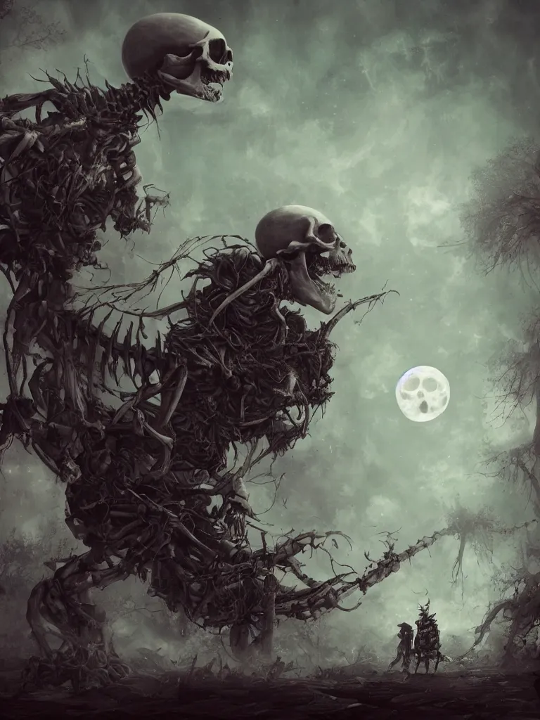Prompt: a very large and scary skeleton with very soft and luminous colors dances in an apocalyptic landscape with steamer and smoke under the moon in twilight, darkart, hyperdetailed, hyperealistic, cinematography, 8k, Artstation, Deviantart, very beautiful