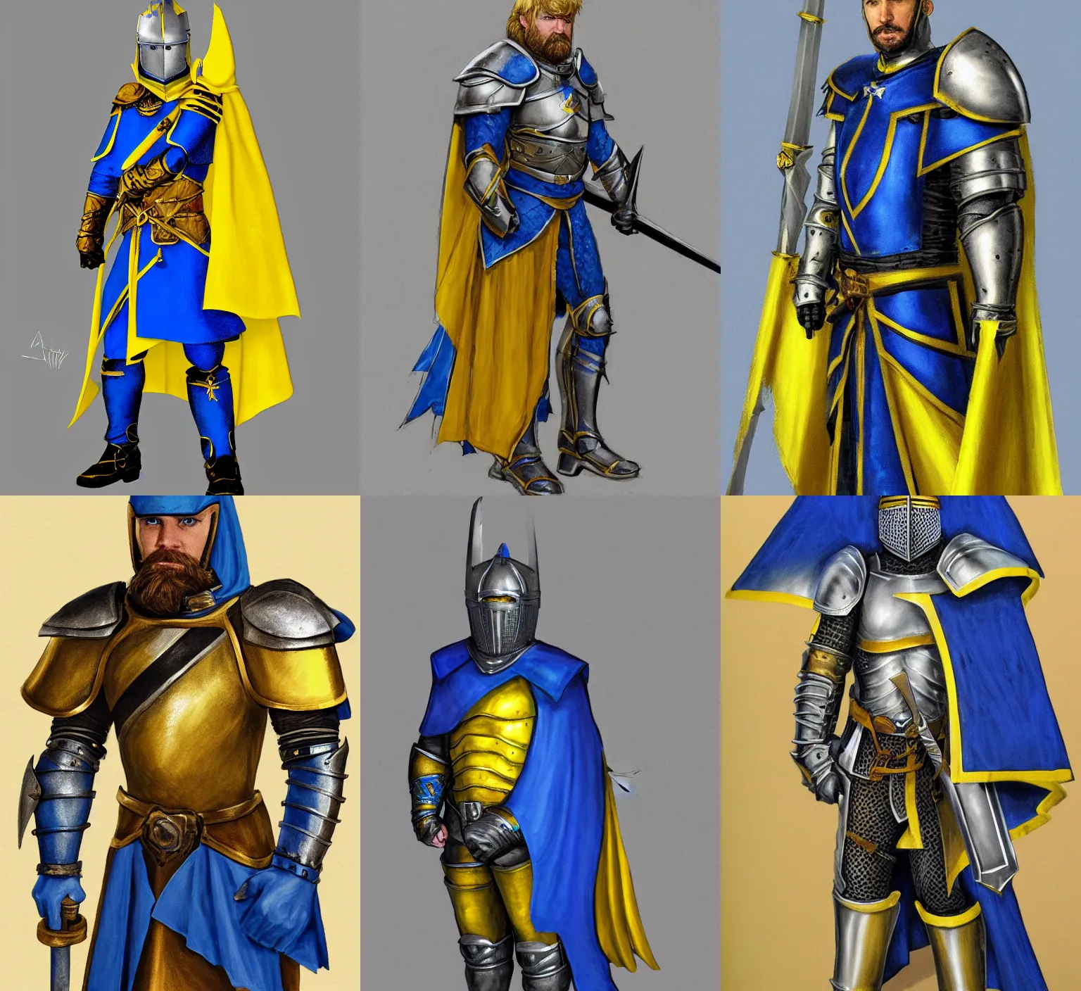 Prompt: a knight with blue tabard and a yellow cape and steel pauldrons and short blonde hair and a short blonde beard, realistic, detailed, trending on ArtStation, by Larry Elmore