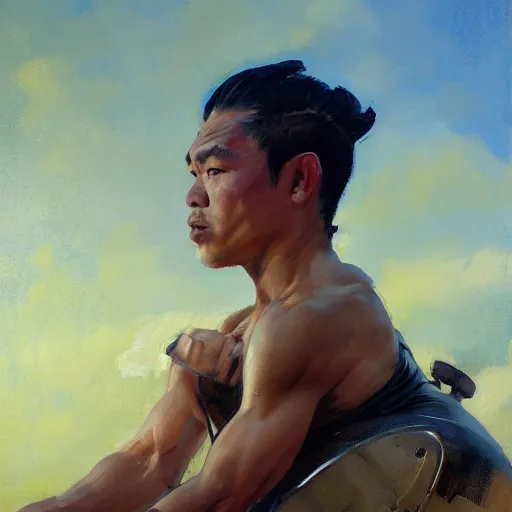 Image similar to greg manchess side portrait of a filipino mma fighter sitting on a tank, organic painting, sunny day, matte painting, bold shapes, hard edges, street art, trending on artstation, by huang guangjian, gil elvgren, ruan jia, randy vargas, greg rutkowski