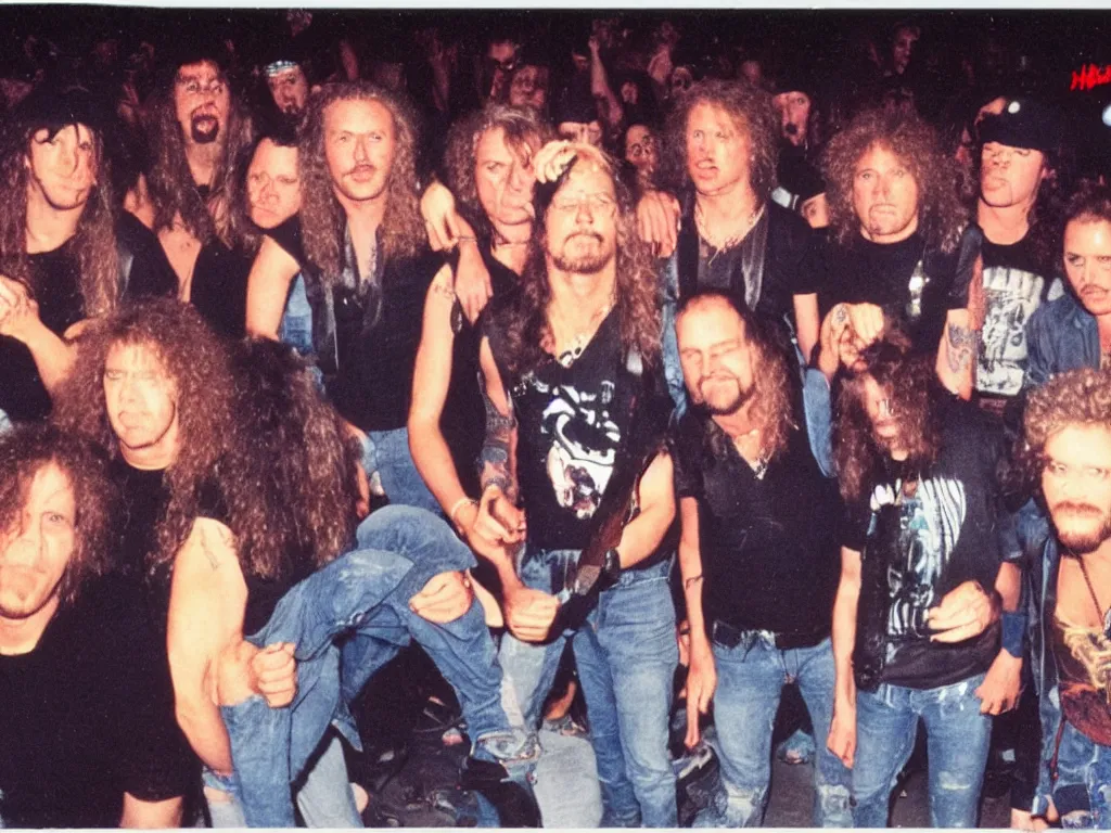 Prompt: 80s polaroid colour flash photograph of 80s Metallica concert
