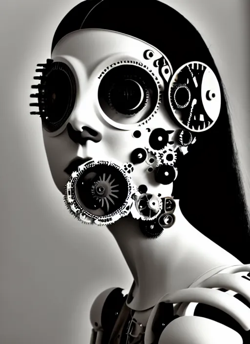 Image similar to black and white dreamy foggy profile face portrait, one steampunk eye biomechanical beautiful young female cyborg - robot, body ribs meshes, big monocular, volumetric light, hibiscus flowers, by hg giger, rim light, by dora maar and cecile beaton, big gothic fashion pearl embroidered collar, 8 k