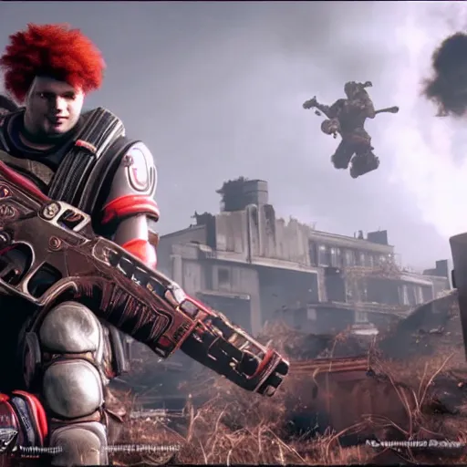 Image similar to ronald mcdonald in gears of war, cinematic shot, hyperdetailed