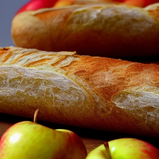 Prompt: a baguette between two apples stuck together, photo realistic 4k