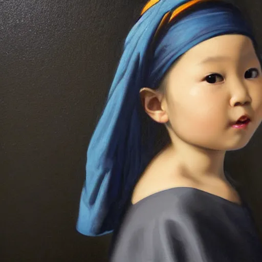 Prompt: A portrait of a lovely Asian baby girl imitating Girl with a Pearl Earring, detailed oil painting, dark background, 4k,