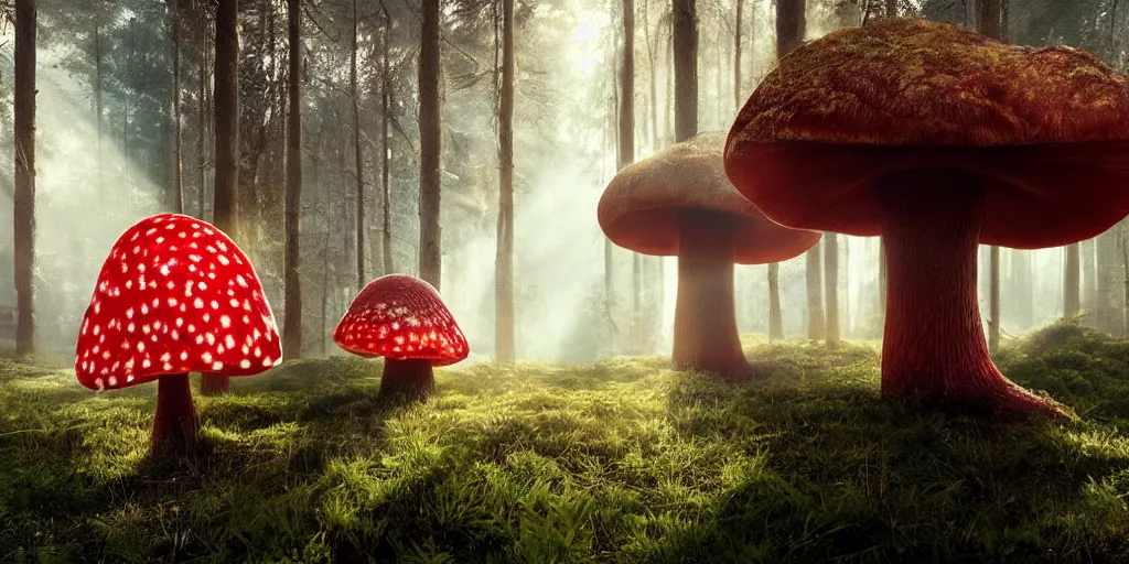 Prompt: Photo by Filip Hodas of the cinematic view of the Forest of the Giants, giant mushroom with extreme little transparency, some normal mushrooms on the floor, A very big red mushroom with white spots , photorealism, a few sun ray of lights falling, photo taken with canon 5D