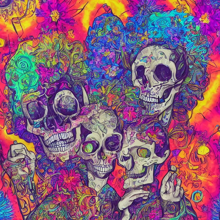 Prompt: a mixed media painting of a boy and a stunning girl. skull atoms, gothic harts, flowers, spaceships, with a cigarette in its mouth, poster art by lisa frank, behance contest winner, psychedelic art, psychedelic, high detailed, groovy