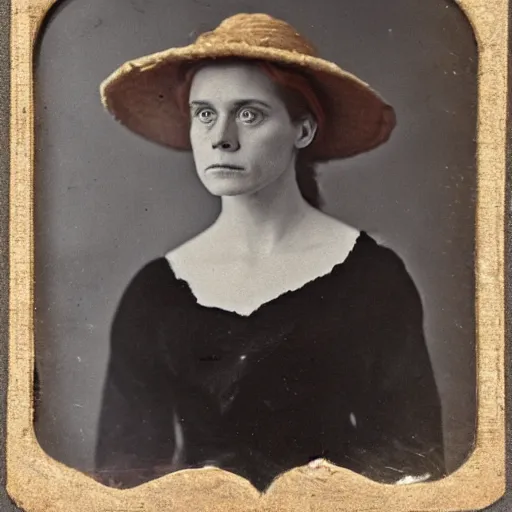 Prompt: a late 1 9 th century, 3 0 years old, austro - hungarian, sullen old maid ( redhead, tight bun, tight bun, straw hat decorated with too big flowers, looks a like amy adams mixed with anne - marie duff, but not pretty, as a strict school teacher ), daguerreotype by charles clifford