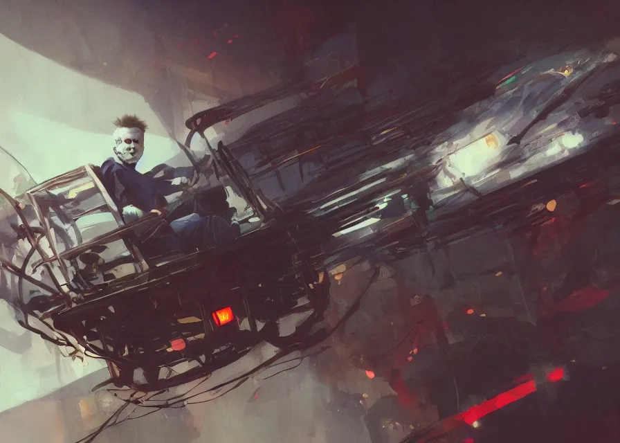 Prompt: painting of Michael Myers having fun in a roller coaster, sharp focus, wide shot, trending on ArtStation, masterpiece, by Greg Rutkowski, by Ross Tran, by Fenghua Zhong, octane, soft render, oil on canvas, colorful, cinematic, environmental concept art