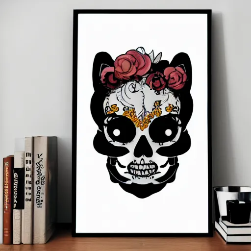 Prompt: anime manga skull portrait kitten cat disney cartoon simpsons skeleton illustration style by Alphonse Mucha pop art nouveau