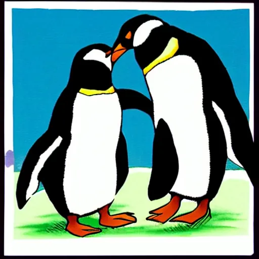 Image similar to two penguins kissing, Studio Ghibli style