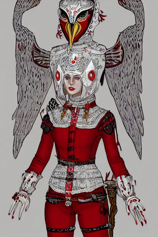 Image similar to female adventurer in tight full - body white embroidered leather armor of vyshyvanka design with red accents and a red porcelain crow mask, trending in artstation, ukrainian, establishing shot