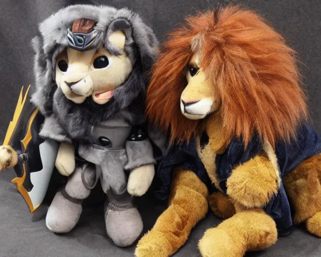 Image similar to a cute furry lion! with paladin! armor plush! doll, merchandise