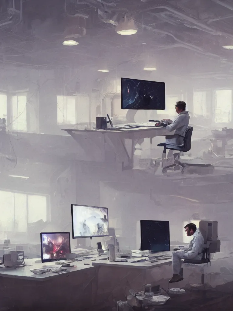 Image similar to a portrait of a researcher in a white coat in front of many computer and screens in a painting from stalenhag, 4 k, 8 k, hdr, artstation