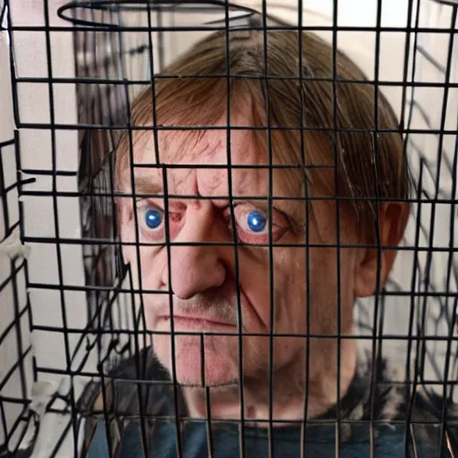 Image similar to mark e smith in a small cage at the pet store, the cage has for sale tag, 4 k