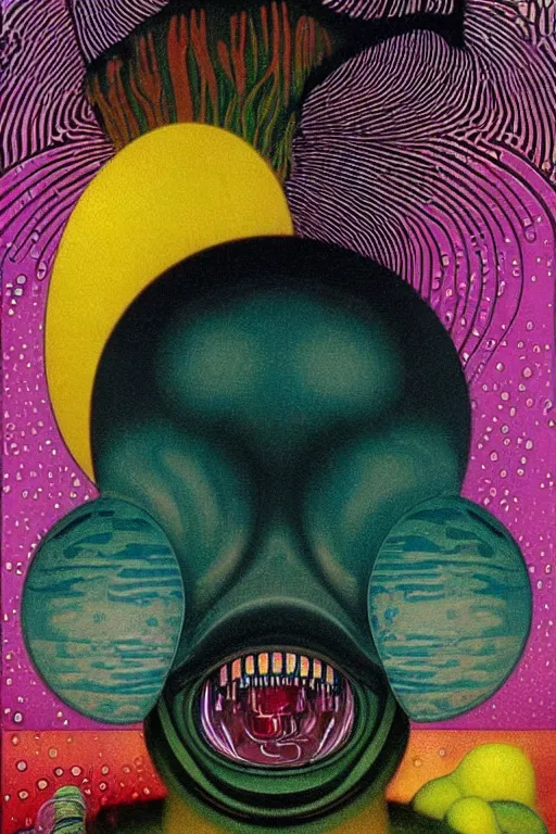 Prompt: 8 0 s art deco close up portait of mushroom head with big mouth surrounded by spheres, rain like a dream oil painting curvalinear clothing cinematic dramatic cyberpunk fluid lines otherworldly vaporwave interesting details epic composition by basquiat artgerm rutkowski moebius francis bacon gustav klimt