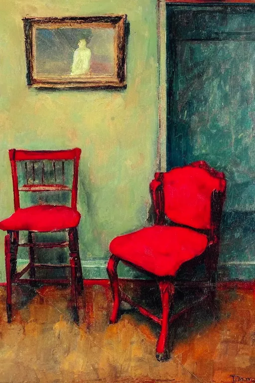 Image similar to an empty red dress laid across a chair in a dark victorian era room. in the style of american impressionism painting. triadic color scheme