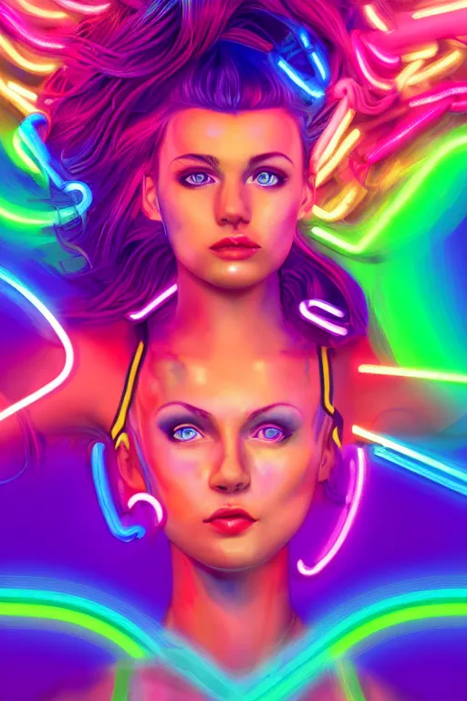 Image similar to a award winning half body portrait of a beautiful woman with stunning eyes in a croptop and cargo pants with rainbow colored ombre hairstyle head in motion and hair flying by thomas danthony, surrounded by whirling illuminated neon lines, outrun, vaporware, shaded flat illustration, digital art, trending on artstation, highly detailed, fine detail, intricate