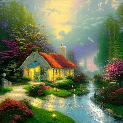 Prompt: a beautiful painting by Thomas kinkade, landscape, breathtaking