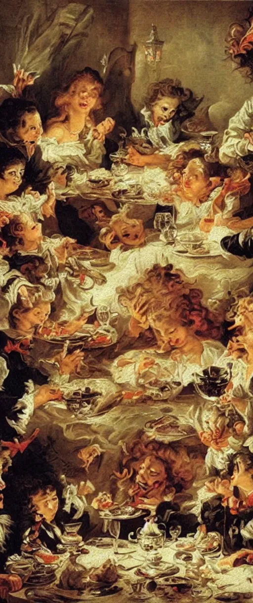 Image similar to vampires at a feasting dinner table with bones on plates super dreamy scary beautiful oil painting in the style of francois boucher