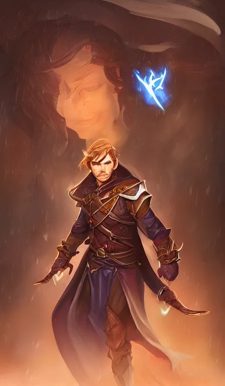 Image similar to cute whimsical half - elf sorcerer rogue with lightning, chris pratt light - brown skin d & d fantasy portrait highly detailed digital painting