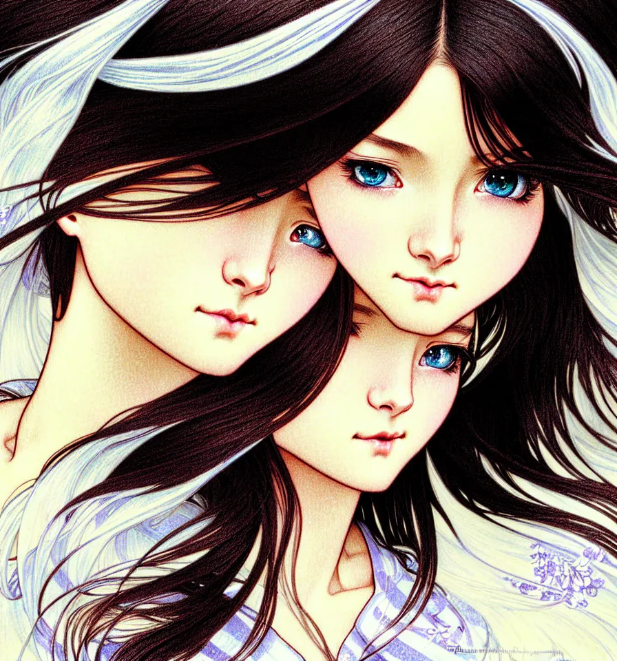 Prompt: closeup portrait of a sweet girl with silky black long hair is covered in white powdered sugar posing for the camera in a bakery kitchen. insanely and epically detailed high-quality artwork with soft colors, exquisitely detailed soft shadowing, amazingly composed image, epic pencil illustration, by Range Murata and by Alphonse Mucha and by Katsuhiro Otomo.