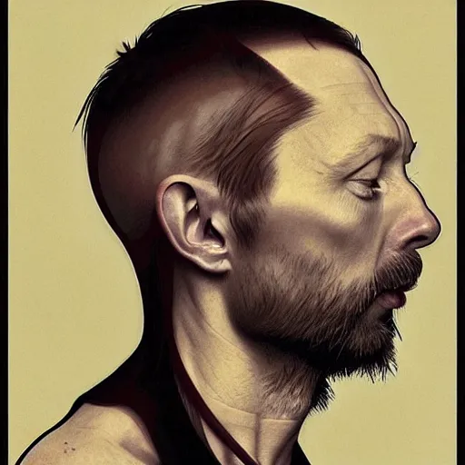 Image similar to hyper realistic, variations portrait of smooth old thom yorke hairless, strong variations singer songwriter, ( side ) profile, liminal space, by lee bermejo, alphonse mucha and greg rutkowski, no beard, smooth face