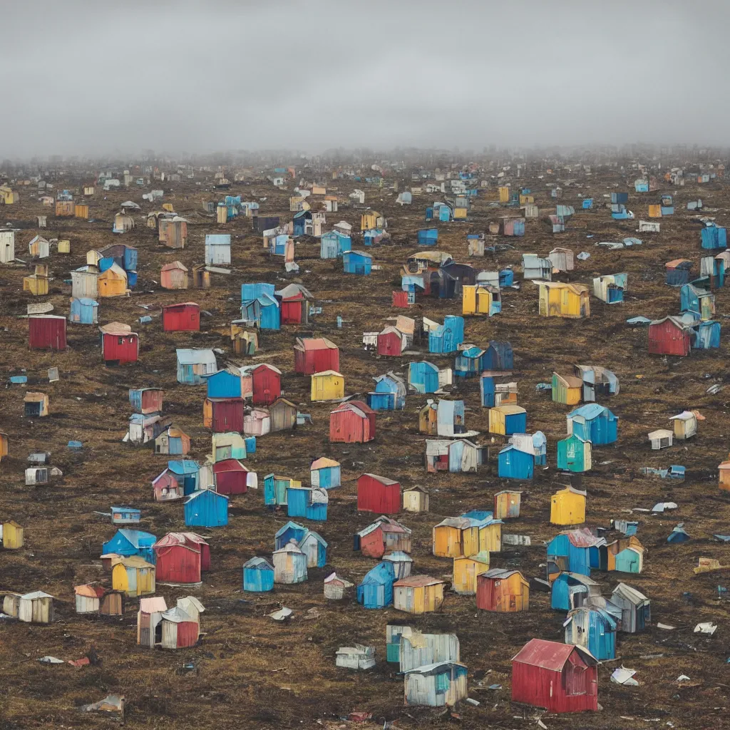 Prompt: towers made up of colourful makeshift squatter shacks, bleached colours, moody cloudy sky, dystopia, mamiya, very detailed, photographed by ansel aams