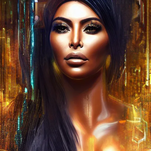 Prompt: full body, center frame portrait painting of kim kardashian as beautiful cyberpunk female with minimal intricate futuristic cyberpunk chrome and golden geometric decorative body modification, realistic digital art, rembrandt lighting, trending on art station style,