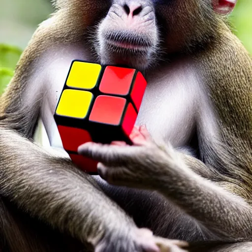 Image similar to a monkey attempts to solve a rubiks cube