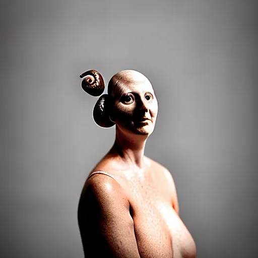 Image similar to modern full body color studio photograph of real snail woman, woman made out of snail
