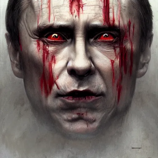 Image similar to vladimir putin, is vampire, vampire fangs, bloody horror, macabre by donato giancola and greg rutkowski and wayne barlow and zdzisław beksinski, realistic face, digital art